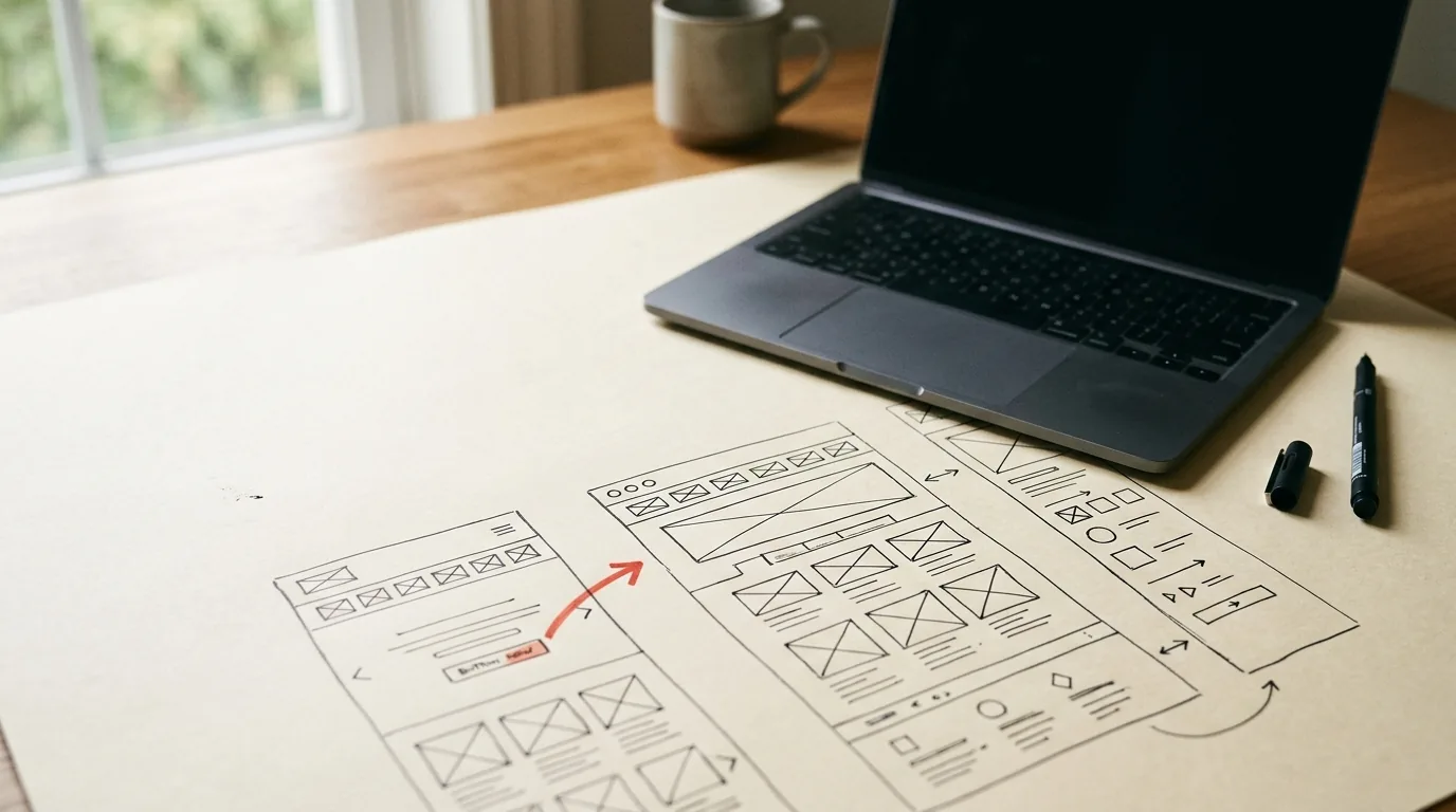 A laptop beside web layout sketches